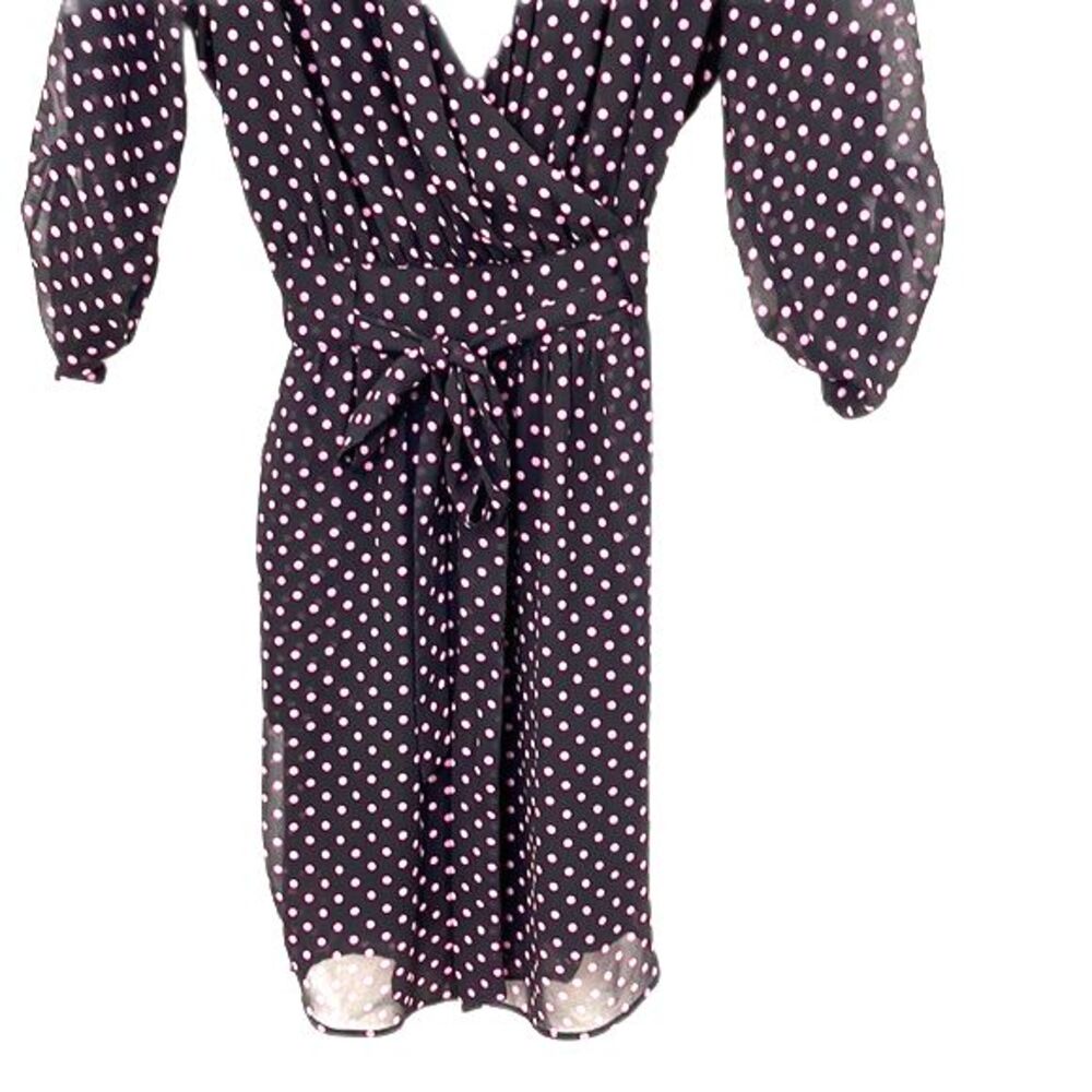 DR2 Wrap Polka Dot Sheer Lined Dress Black Pink Size Small - Picture 4 of 9